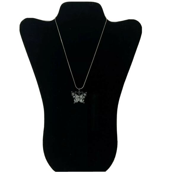 Black Beaded Butterfly Pendant Necklace with Silver Tone Chain - Picture 3 of 6